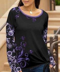 Lily | Black & Purple Floral Side-Tie Scoop Neck Tunic - Women