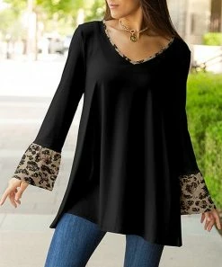 Lily | Black & Brown Leopard-Contrast Bell-Sleeve V-Neck Tunic - Plus