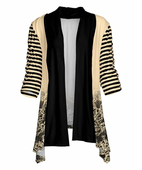 Lily | Black & Cream Lace-Print Stripe Open-Front Sidetail Cardigan - Plus 1 Lily | Black & Cream Lace-Print Stripe Open-Front Sidetail Cardigan - Plus