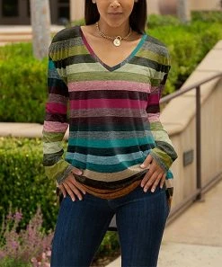 Lily | Green & Plum Stripe Long-Sleeve V-Neck Tunic - Women & Plus