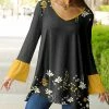 Lily | Gray & Yellow Floral Color Block Bell-Sleeve V-Neck Tunic - Women