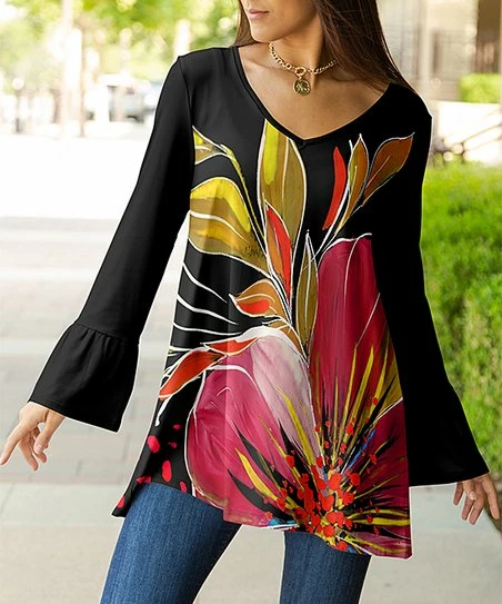 Lily | Black & Mauve Floral Bell-Sleeve V-Neck Tunic - Plus 1 Lily | Black & Mauve Floral Bell-Sleeve V-Neck Tunic - Plus