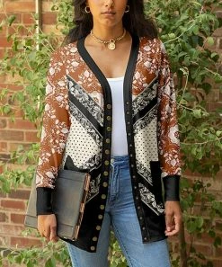 Lily | Black & Rust Floral & Dot Pocket Snap-Button Cardigan - Women & Plus
