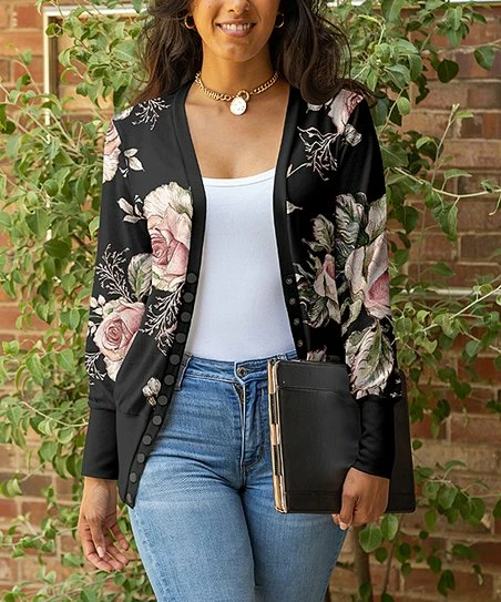Lily | Black & Pink Rose Scoop-Neck Snap-Up Cardigan - Women & Plus 1 Lily | Black & Pink Rose Scoop-Neck Snap-Up Cardigan - Women & Plus