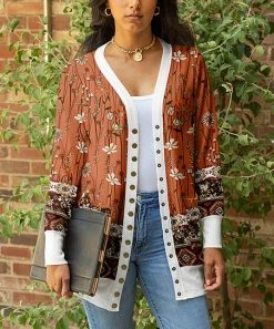 Lily | Orange & Rust Floral Snap-Button Cardigan - Women & Plus