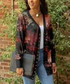 Lily | Red & Black Leaves Snap-Button Cardigan - Women