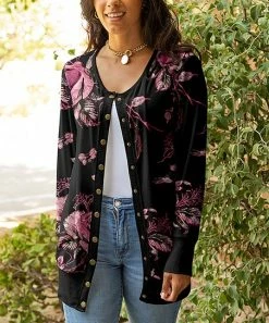 Lily | Black & Purple Leaf Cardigan - Plus