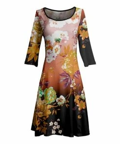 Lily | Rust & Black Floral Three-Quarter Sleeve A-Line Dress - Plus