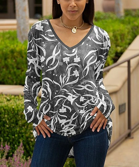 Lily | Gray & White Floral Long-Sleeve V-Neck Tunic - Women 1 Lily | Gray & White Floral Long-Sleeve V-Neck Tunic - Women