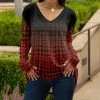 Lily | Black & Red Ombré Plaid V-Neck Long-Sleeve Tunic - Plus