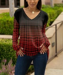 Lily | Black & Red Ombré Plaid V-Neck Long-Sleeve Tunic - Plus