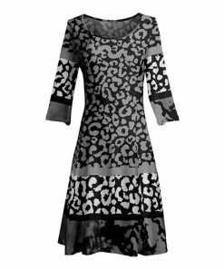Lily | Black & Gray Leopard Three-Quarter Sleeve A-Line Dress - Women & Plus