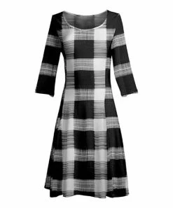 Lily | Black & White Plaid Three-Quarter Sleeve A-Line Dress - Women & Plus