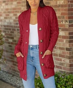 Lily | Mace Red Cable-Knit Button-Up Grandpa Cardigan - Women & Plus