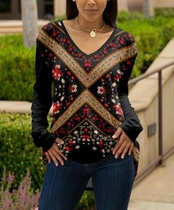 Lily | Black & Brown Floral V-Neck Tunic - Women