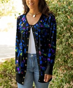 Lily | Black & Blue Abstract Scoop-Neck Snap-Up Cardigan - Women