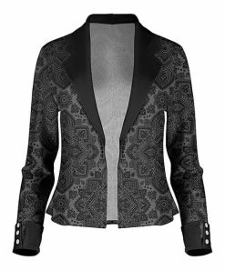 Lily | Black & Gray Floral Shawl-Collar Button-Cuff Open Blazer - Plus