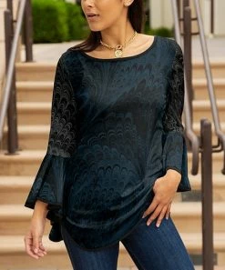 Lily | Black & Blue Abstract Bell-Sleeve Boatneck Tunic - Women