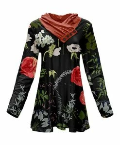 Lily | Black & Red Floral Button-Accent Shawl Collar Tunic - Plus