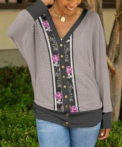 Lily | Mauve & Black Polka Dot Floral V-Neck Cardigan - Women