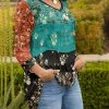 Lily | Teal & Black Floral Color Block Long-Sleeve V-Neck Tunic - Women