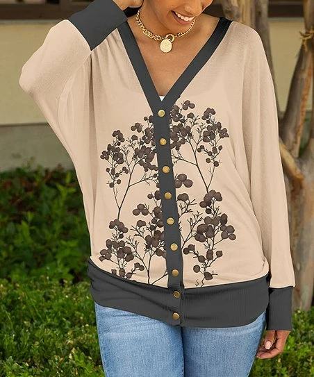 Lily | Cream & Brown Floral V-Neck Cardigan - Women 1 Lily | Cream & Brown Floral V-Neck Cardigan - Women