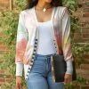 Lily | White & Pink Abstract V-Neck Snap-Up Cardigan - Plus
