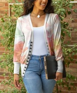 Lily | White & Pink Abstract V-Neck Snap-Up Cardigan - Plus