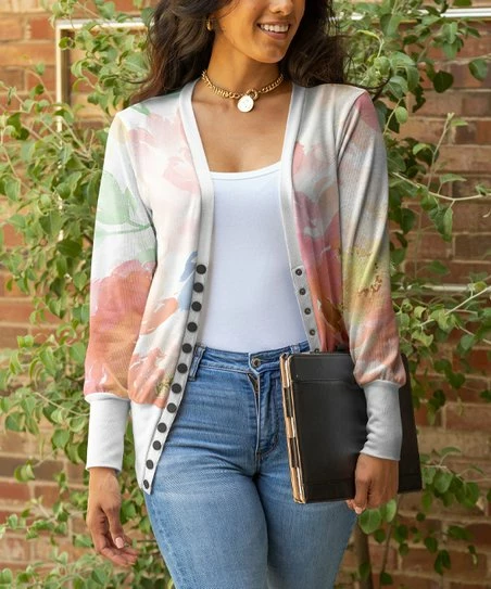 Lily | White & Pink Abstract V-Neck Snap-Up Cardigan - Plus 1 Lily | White & Pink Abstract V-Neck Snap-Up Cardigan - Plus