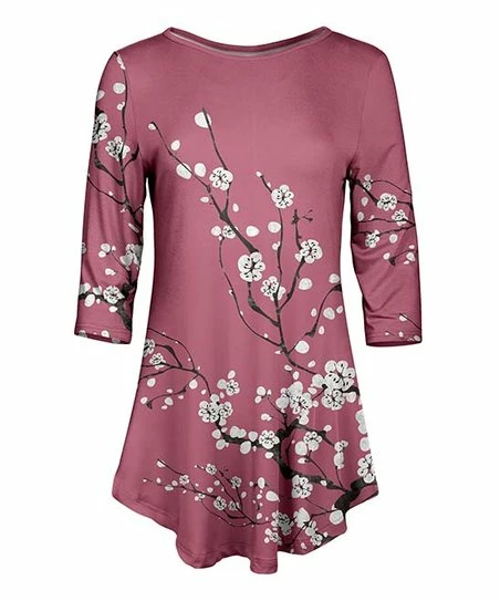 Lily | Pink & White Floral Curved-Hem Tunic - Women 1 Lily | Pink & White Floral Curved-Hem Tunic - Women