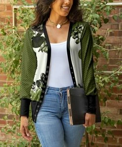 Lily | Green & Black Pin Dot Floral Snap-Button Cardigan