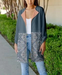 Lily | Blue & Beige Paisley Longline Open Blazer - Plus