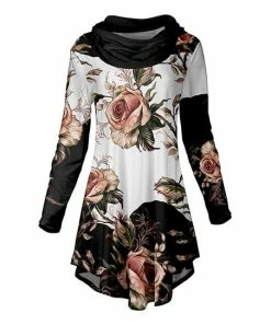 Lily | Black & Taupe Floral Curved-Hem Cowl Neck Tunic - Women