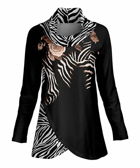 Lily | Black & White Jungle Tulip-Hem Cowl Neck Tunic - Plus 1 Lily | Black & White Jungle Tulip-Hem Cowl Neck Tunic - Plus