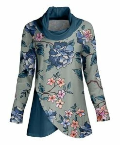 Lily | Teal & Pink Floral Tulip-Hem Cowl Neck Tunic - Plus