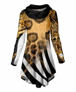 Lily | Black & Gold Animal-Print Curved-Hem Cowl Neck Tunic - Women