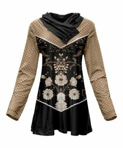 Lily | Black & Beige Floral & Pin Dots Button-Accent Shawl Collar Tunic - Women
