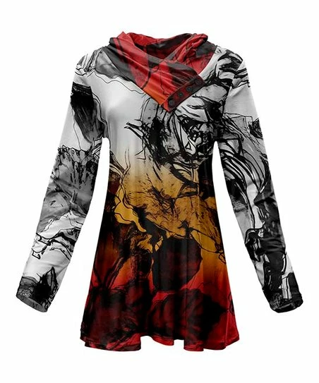 Lily | Black & Red Abstract Floral Button-Accent Shawl Collar Tunic - Plus 1 Lily | Black & Red Abstract Floral Button-Accent Shawl Collar Tunic - Plus