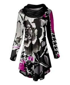 Lily | Black & Pink Floral Houndstooth Curved-Hem Cowl Neck Tunic - Women