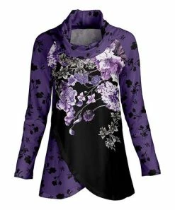Lily | Black & Purple Floral Tulip-Hem Cowl Neck Tunic - Plus