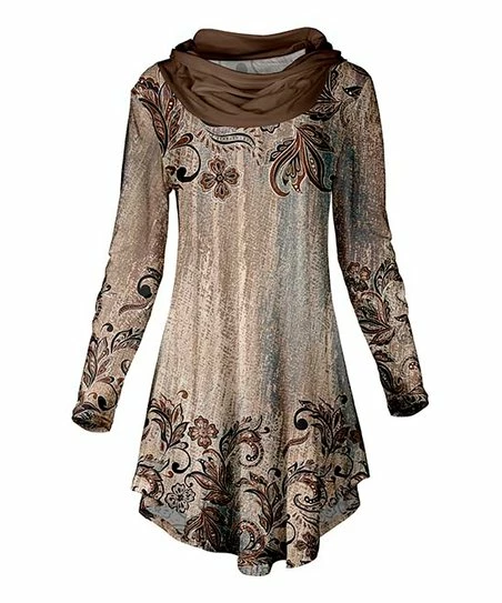 Lily | Brown & Mocha Floral Curved-Hem Cowl Neck Tunic - Women 1 Lily | Brown & Mocha Floral Curved-Hem Cowl Neck Tunic - Women
