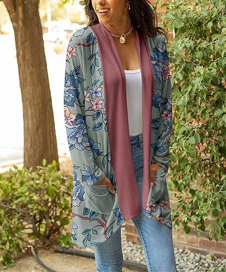 Lily | Blue & Mauve Floral Pocket Open Cardigan - Women 1 Lily | Blue & Mauve Floral Pocket Open Cardigan - Women