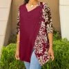 Lily | Red & Cream Damask Asymmetrical Button-Front Half-Sleeve Tunic - Plus