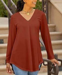 Lily | Red Long-Sleeve V-Neck Tunic - Women