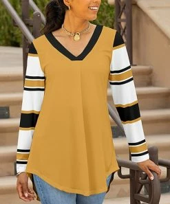 Lily | Black & Gold Stripe Long-Sleeve V-Neck Tunic - Women