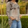 Lily | Brown & Black Filigree Floral V-Neck Tunic - Plus