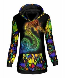 Lily | Black & Green Rainbow Dragon Kangaroo Pocket Hoodie - Women & Plus