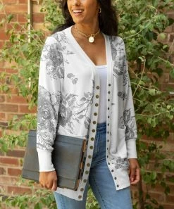 Lily | White & Gray Floral Snap-Button Cardigan - Women & Plus