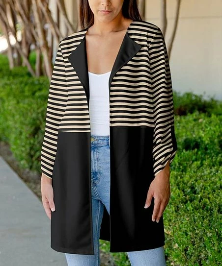 Lily | Black & Beige Stripe Longline Open Blazer - Women 1 Lily | Black & Beige Stripe Longline Open Blazer - Women