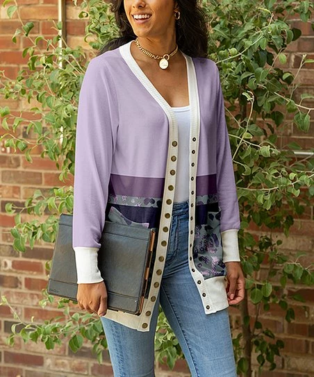 Lily | Lavender & Gray Leopard Color Block Pocket Button-Up Cardigan - Plus 1 Lily | Lavender & Gray Leopard Color Block Pocket Button-Up Cardigan - Plus